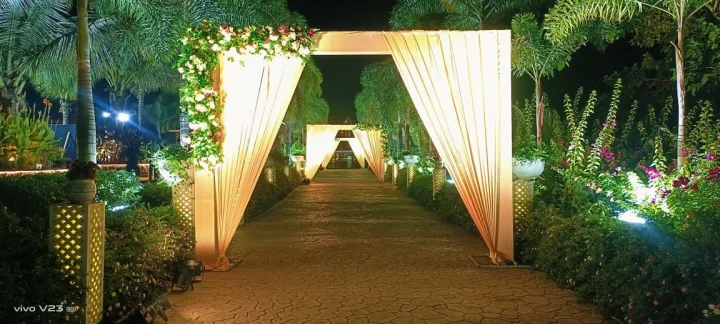 Draped walkway lit for the evening — event by Plan With YOLO, Pune
