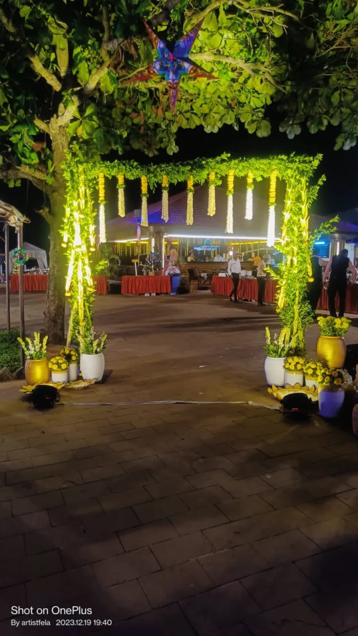 Green draped arch after dark — event by Plan With YOLO, Pune